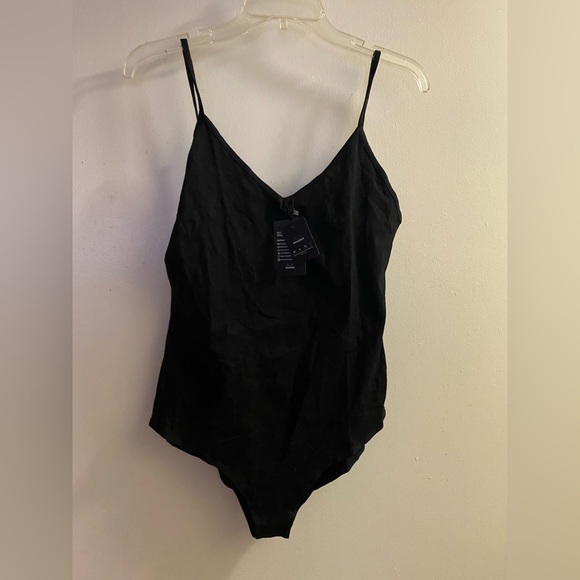 Mangdiup Womens Black Bodysuit L Large V Neck Bust 38” NWT New One Piece - Picture 1 of 8